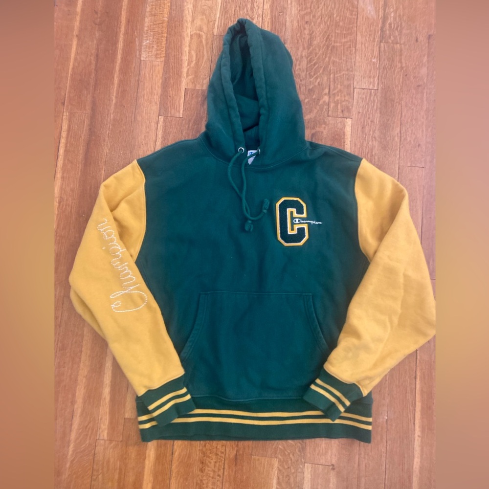 Champion Varsity Hoodie Men’s Size Large Green & Yellow Embroidered Sweatshirt